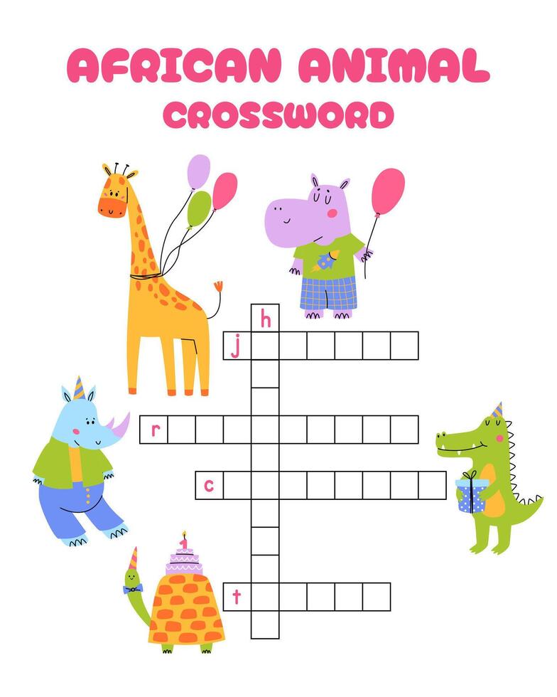 Crossword puzzle game of african animal. Printable worksheet with solution for school and preschool. Vector cartoon Illustration for children.