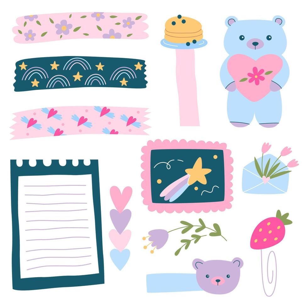 señales y símbolos para organizado tu planificador. modelo para pegatinas, álbum de recortes, envase, cuadernos, diario. primavera pastel belleza recopilación. vector linda dibujos animados ilustración.