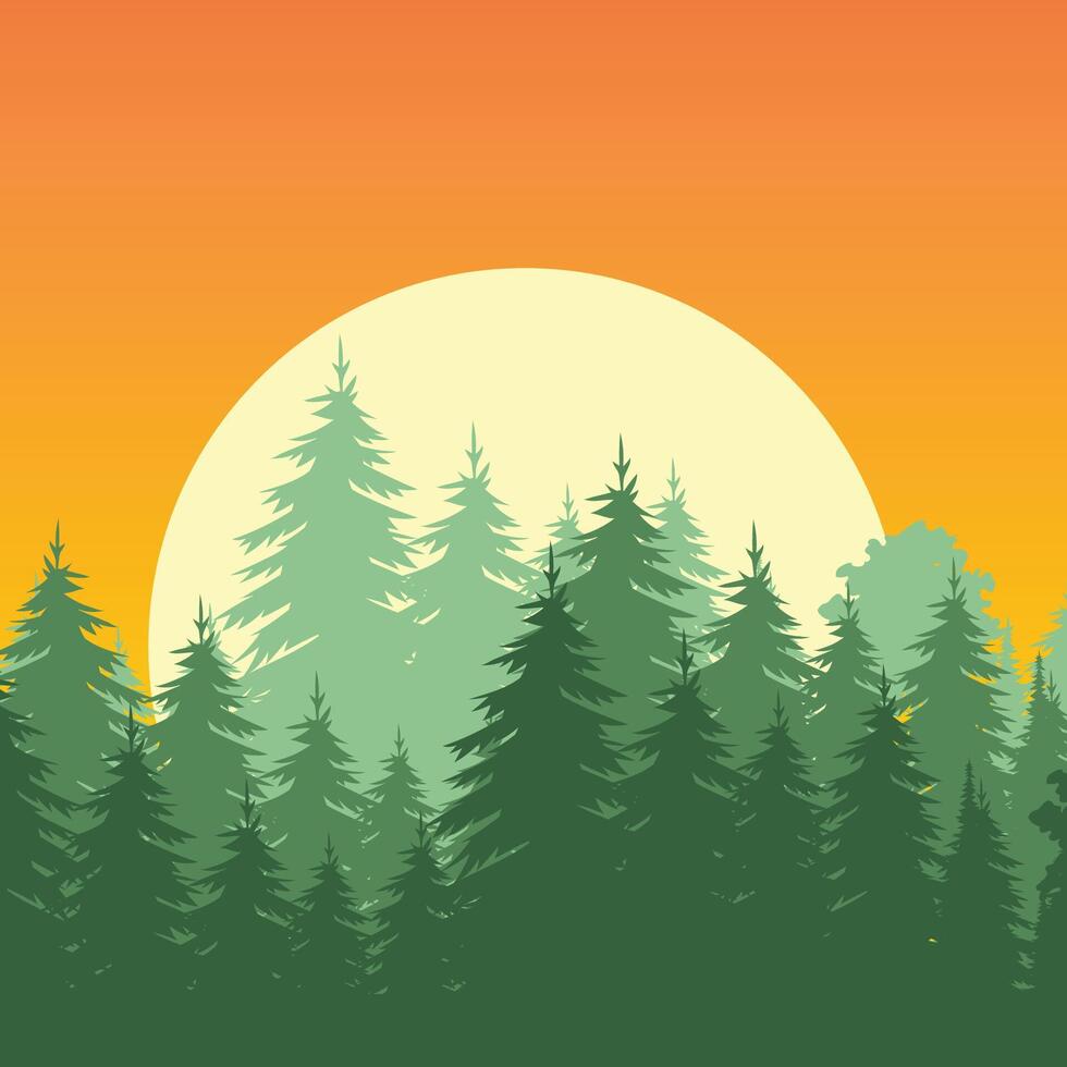 Forest tree panorama illustration, sunset mountain background. vector