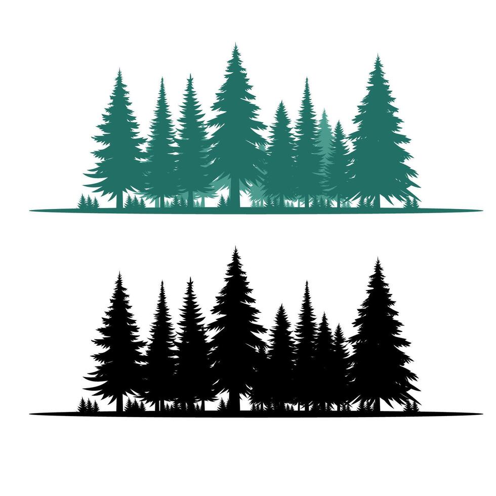 Forest tree panorama illustration, sunset mountain background. vector