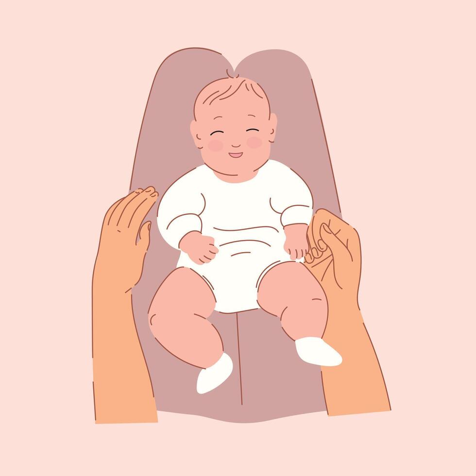 Newborn baby lying on his back on his mothers knee. Baby lies on mother's lap. Concept of family, motherhood, childcare. Happy mother's day card. Happy mom looking at her child. Point of view shot. vector