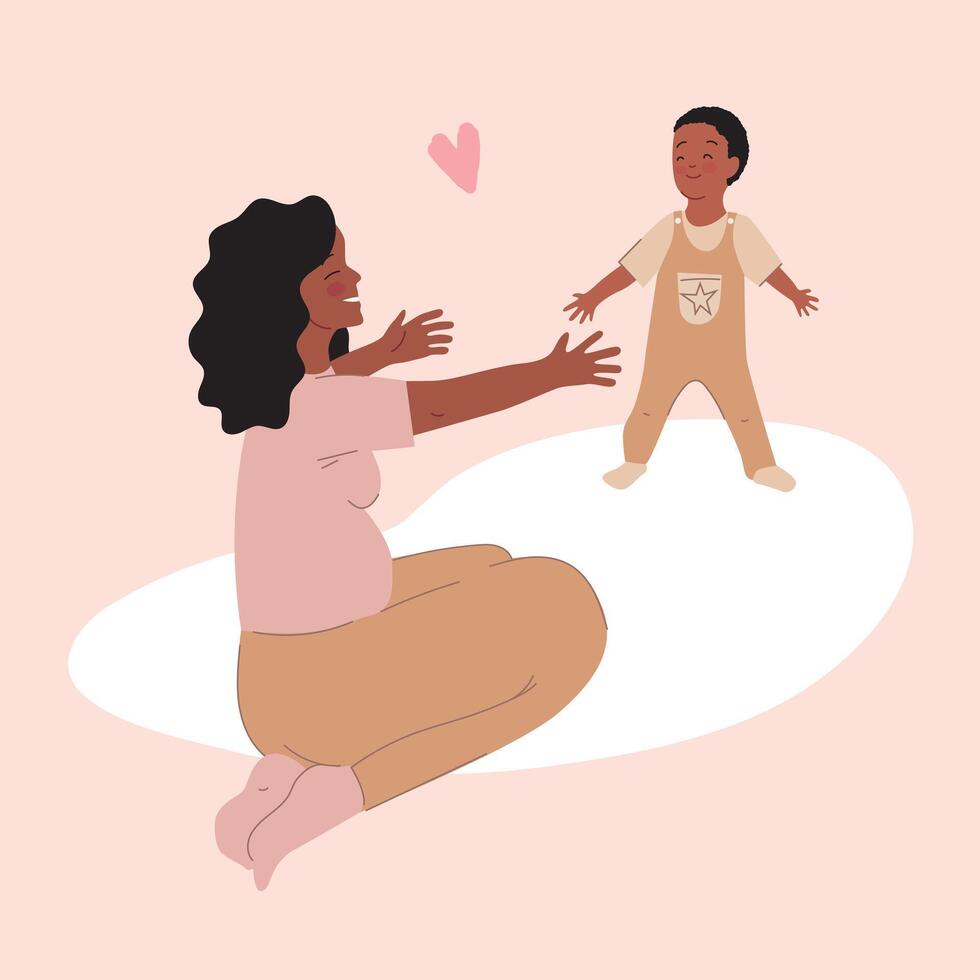 Baby taking first steps. Illustration of toddler boy try to walking. Mom rejoices at the first steps of her little son. Mother's day. Concept of family, motherhood. African American family vector