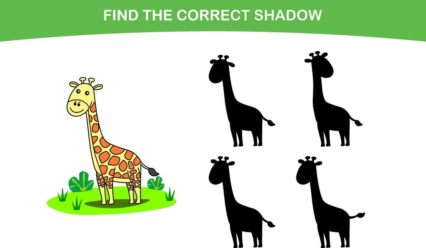 Funny cartoon giraffe. find the correct shadow. Kids Education games. Cartoon vector illustration