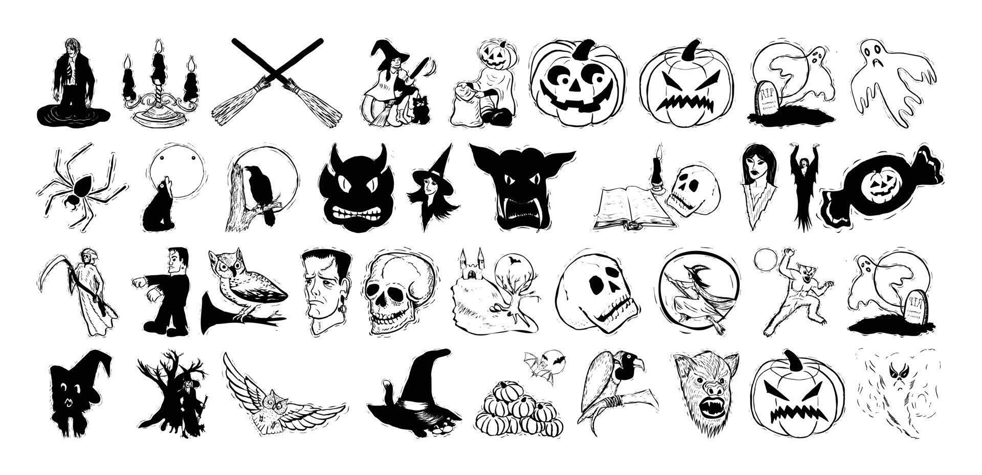 Horror set of Halloween doodle hand drawn sticker sketch. vector