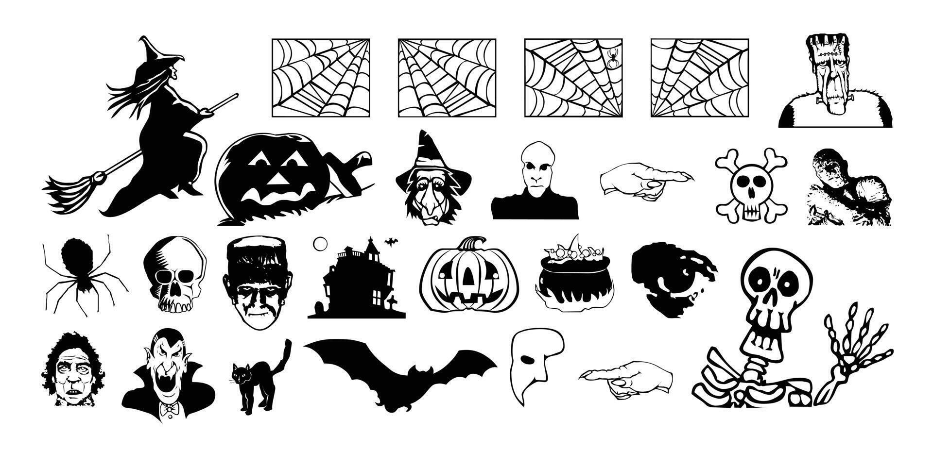 colección de icono y carácter de siluetas de Halloween. vector