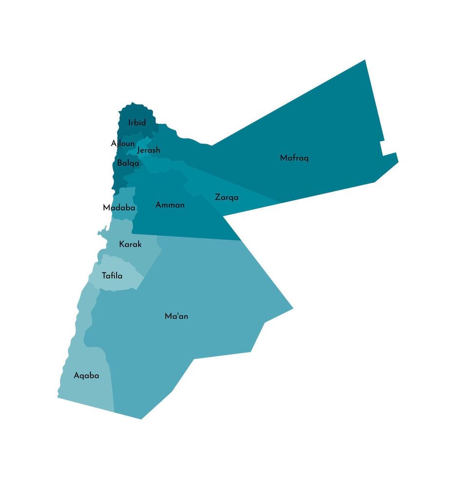 Vector isolated illustration of simplified administrative map of Jordan. Borders and names of the governorates, regions. Colorful blue khaki silhouettes