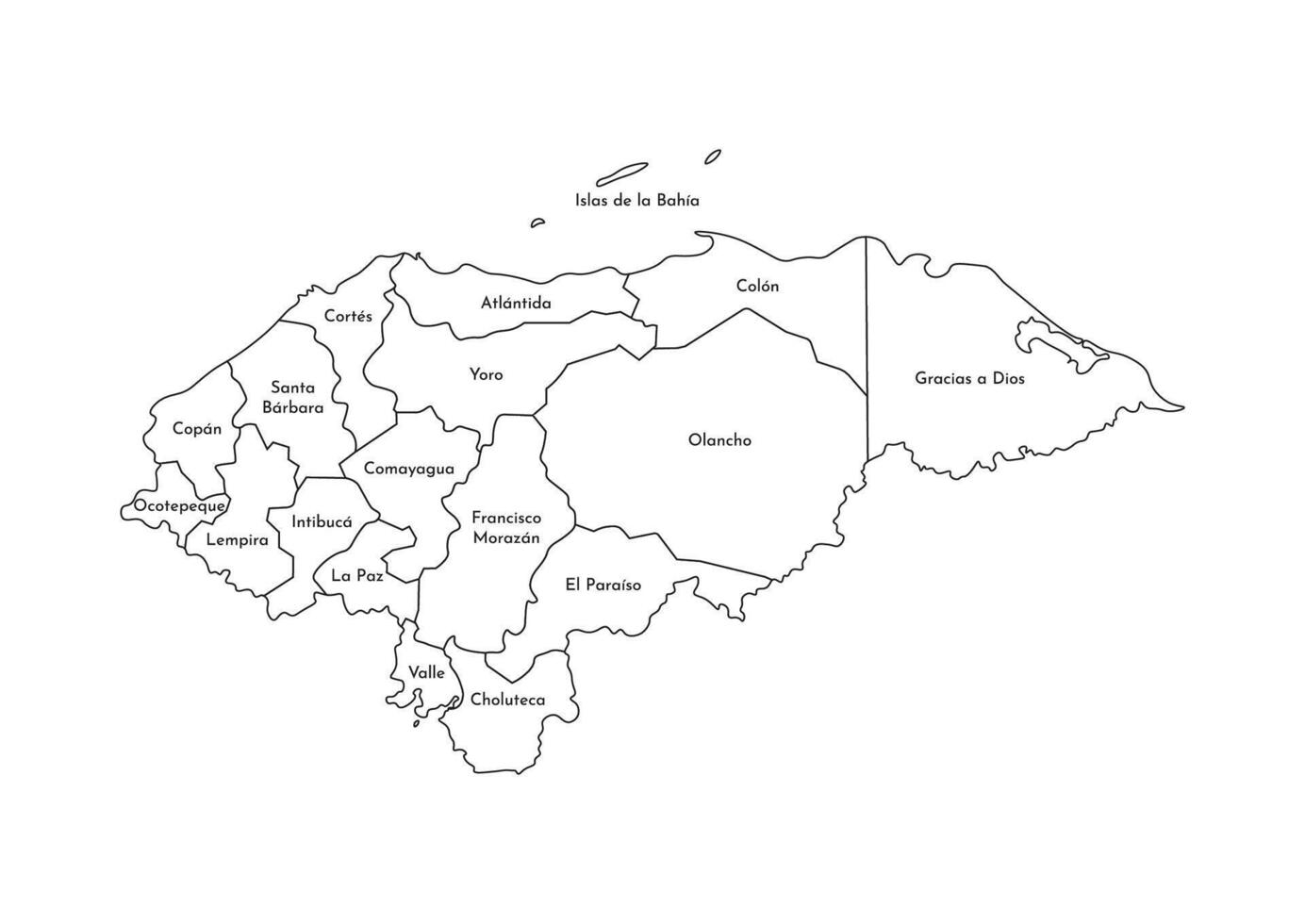 Vector isolated illustration of simplified administrative map of Honduras. Borders and names of the departments, regions. Black line silhouettes.