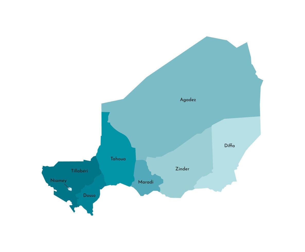 vector aislado ilustración de simplificado administrativo mapa de Níger. fronteras y nombres de el regiones. vistoso azul caqui siluetas