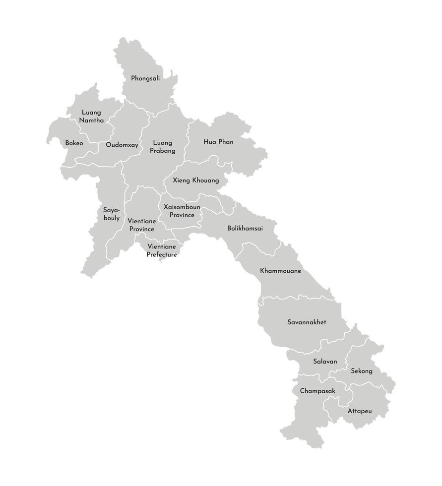 Vector isolated illustration of simplified administrative map of Laos. Borders and names of the provinces, regions. Grey silhouettes. White outline