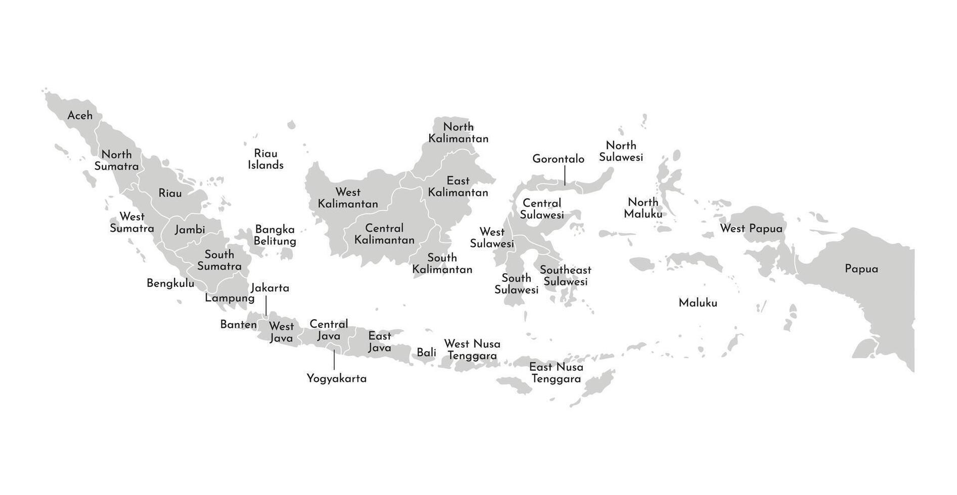 Vector isolated illustration of simplified administrative map of Indonesia. Borders and names of the provinces, regions. Grey silhouettes. White outline