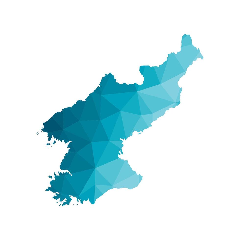 Vector isolated illustration icon with simplified blue silhouette of North Korea map. Polygonal geometric style, triangular shapes. White background.