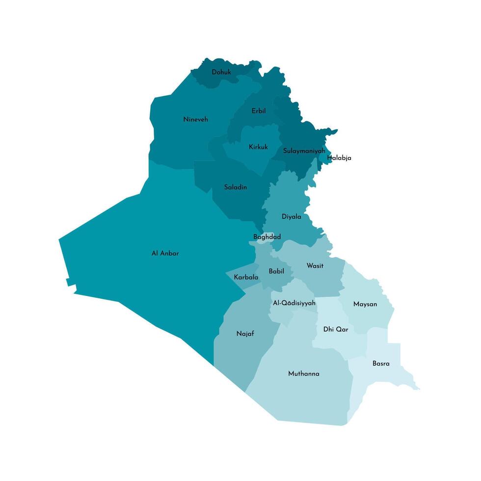 Vector isolated illustration of simplified administrative map of Iraq. Borders and names of the governorates, regions. Colorful blue khaki silhouettes
