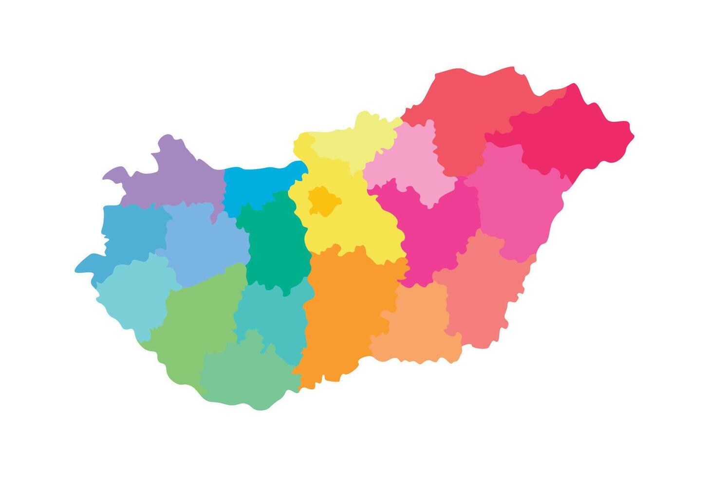 Vector isolated illustration of simplified administrative map of Hungary. Borders of the regions. Multi colored silhouettes.