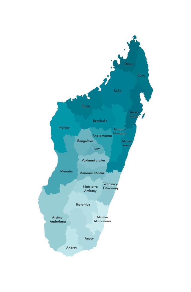 Vector isolated illustration of simplified administrative map of Madagascar. Borders and names of the regions. Colorful blue khaki silhouettes