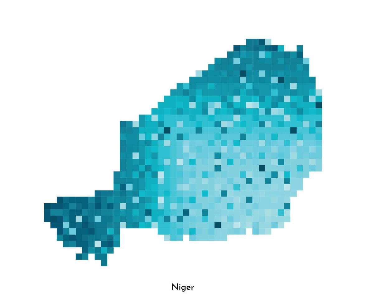 Vector isolated geometric illustration with simplified icy blue silhouette of Niger map. Pixel art style for NFT template. Dotted logo with gradient texture for design on white background