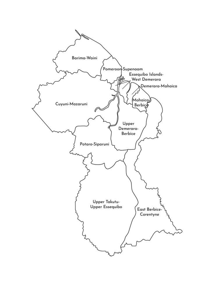 Vector isolated illustration of simplified administrative map of Guyana. Borders and names of the regions. Black line silhouettes.