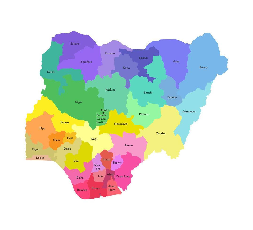 Vector isolated illustration of simplified administrative map of Nigeria. Borders and names of the regions. Multi colored silhouettes.