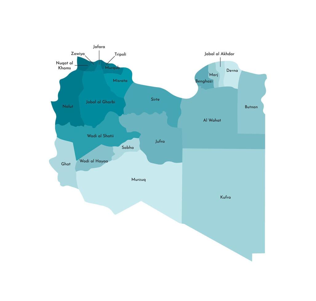 vector aislado ilustración de simplificado administrativo mapa de Libia. fronteras y nombres de el distritos, regiones. vistoso azul caqui siluetas