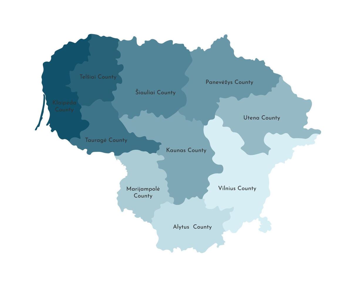 vector aislado ilustración de simplificado administrativo mapa de Lituania. fronteras y nombres de el condados vistoso azul caqui siluetas