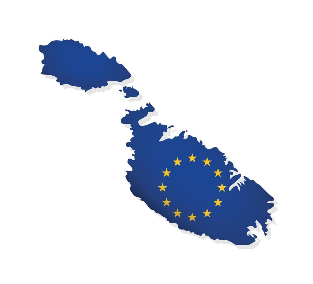 Vector illustration with isolated map of member of European Union Malta. Maltese concept decorated by the EU flag with gold stars on blue background