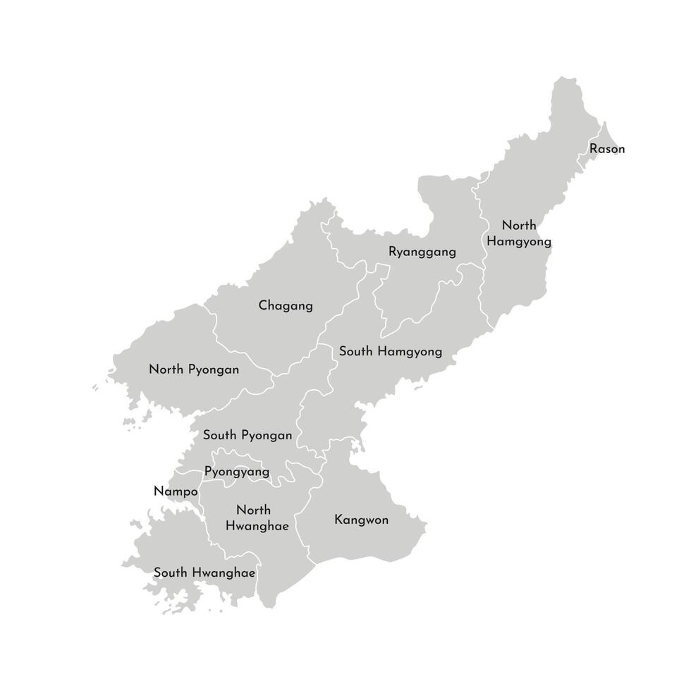 Vector isolated illustration of simplified administrative map of North Korea, People Republic of Korea. Borders and names of the provinces, regions. Grey silhouettes. White outline