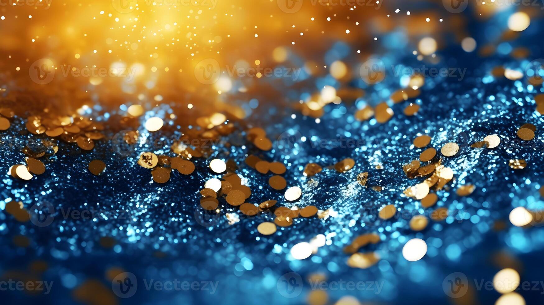 AI generated golden glitter background with blue and gold sparkles photo