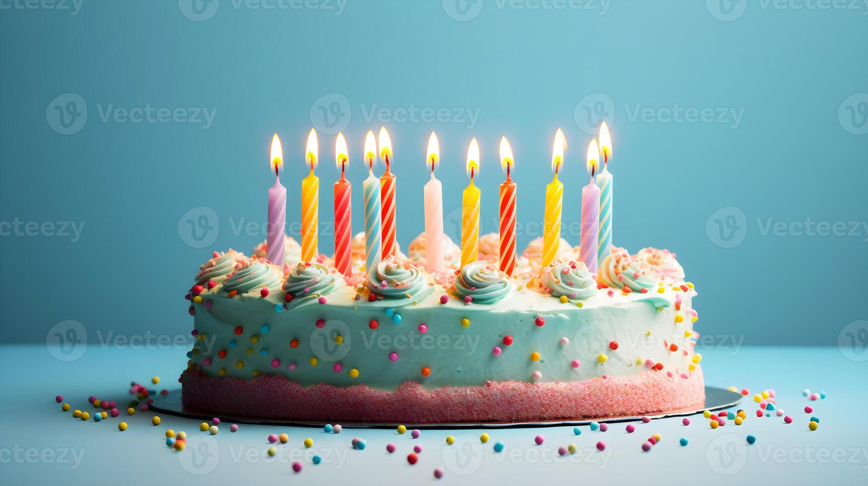 AI generated a birthday cake with lit candles on it photo