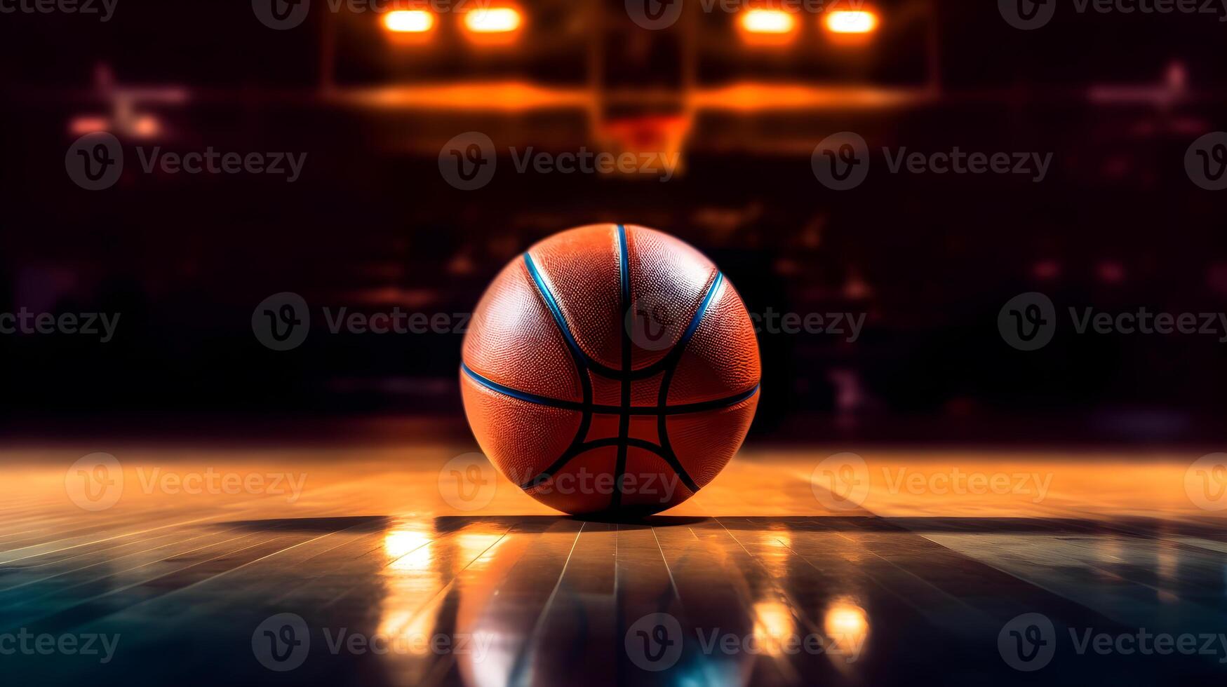 AI generated basketball ball on the court with a bright light photo