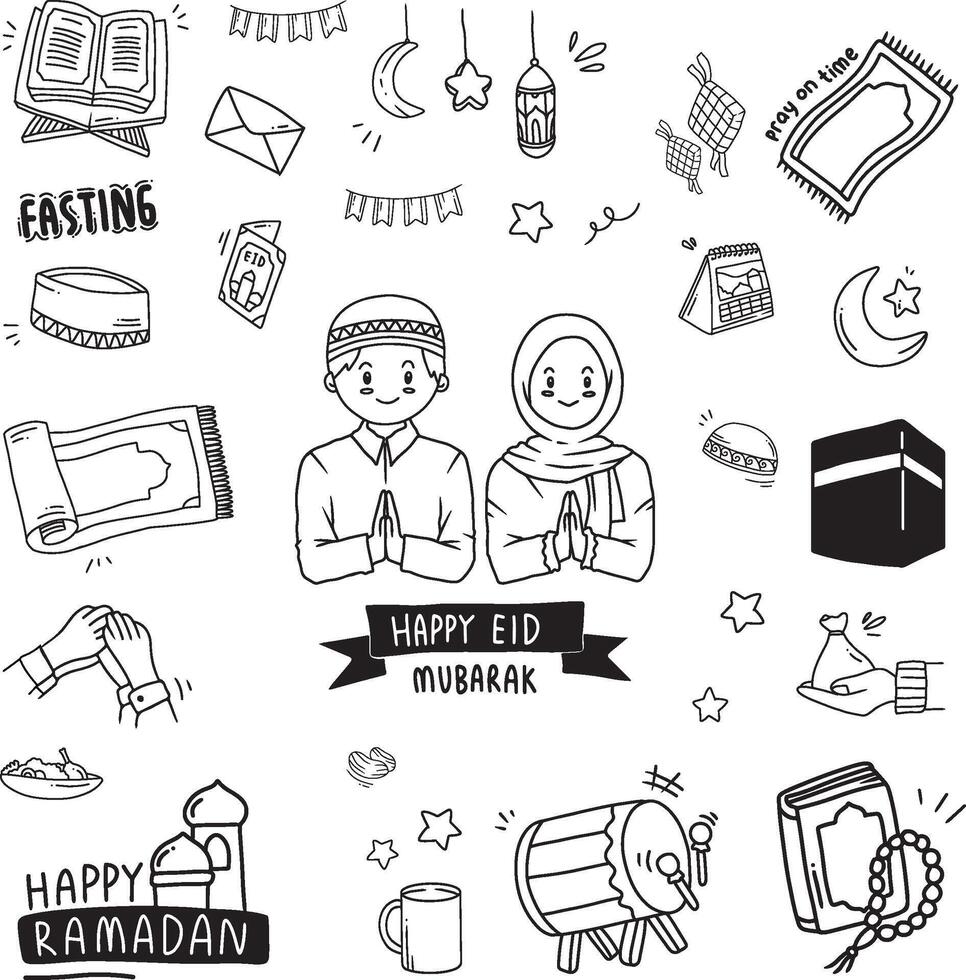Set of vector doodle element related to Eid. Set of hand drawn symbols and icons for ramadan and holy islamic fest