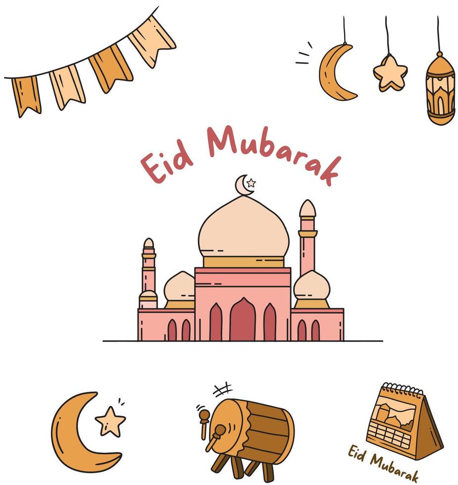 conjunto de vector garabatear elemento relacionado a ramadhan y Eid. usado para pegatina, póster, tarjeta, etc