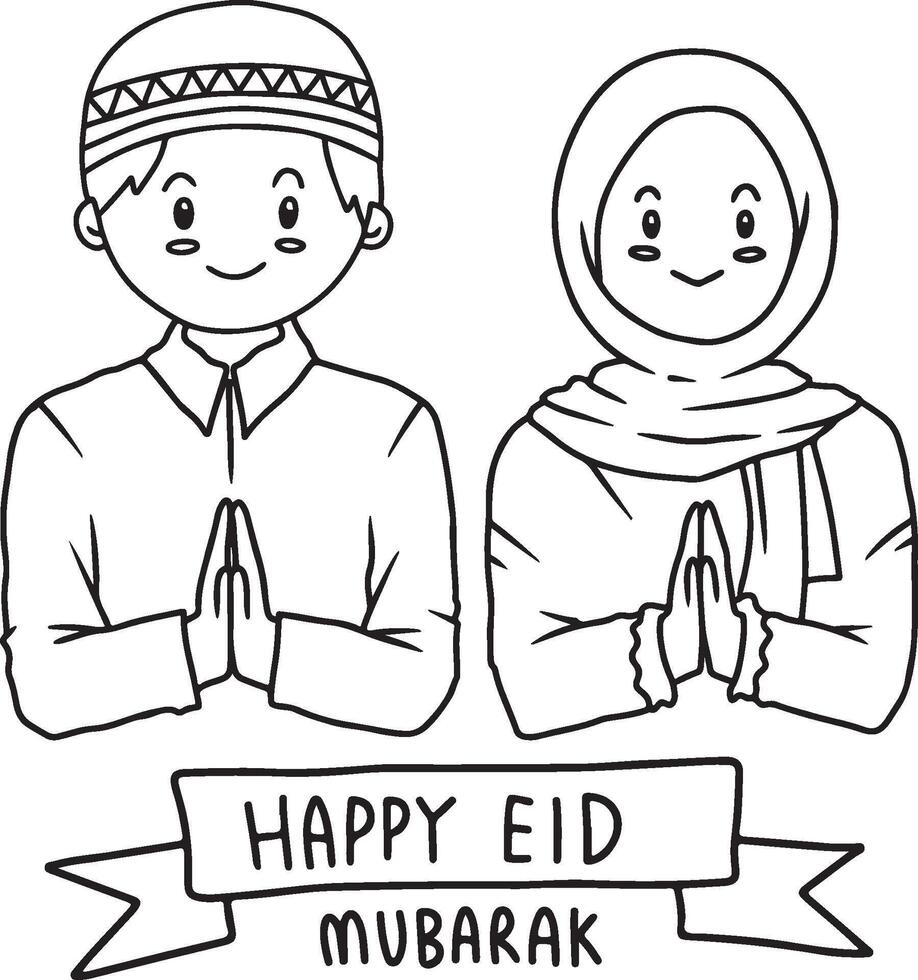 Vector illustration of Islamic men and women related to Eid Mubarak. Hand drawn illustration for holy Moslem festival Eid ul-Fitr