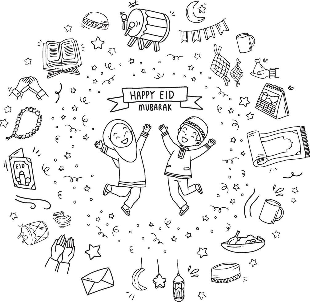 Set of vector doodle element related to Eid. Set of hand drawn symbols and icons for ramadan and holy islamic fest