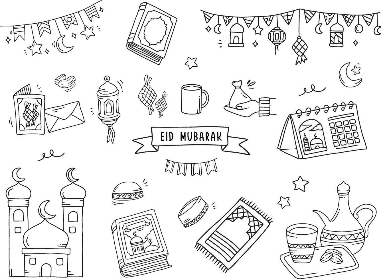 Set of vector doodle element related to Ramadhan and Eid. Used for sticker, poster, card, etc