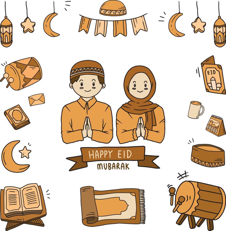 Set of vector doodle element related to Eid. Set of hand drawn symbols and icons for ramadan and holy islamic fest