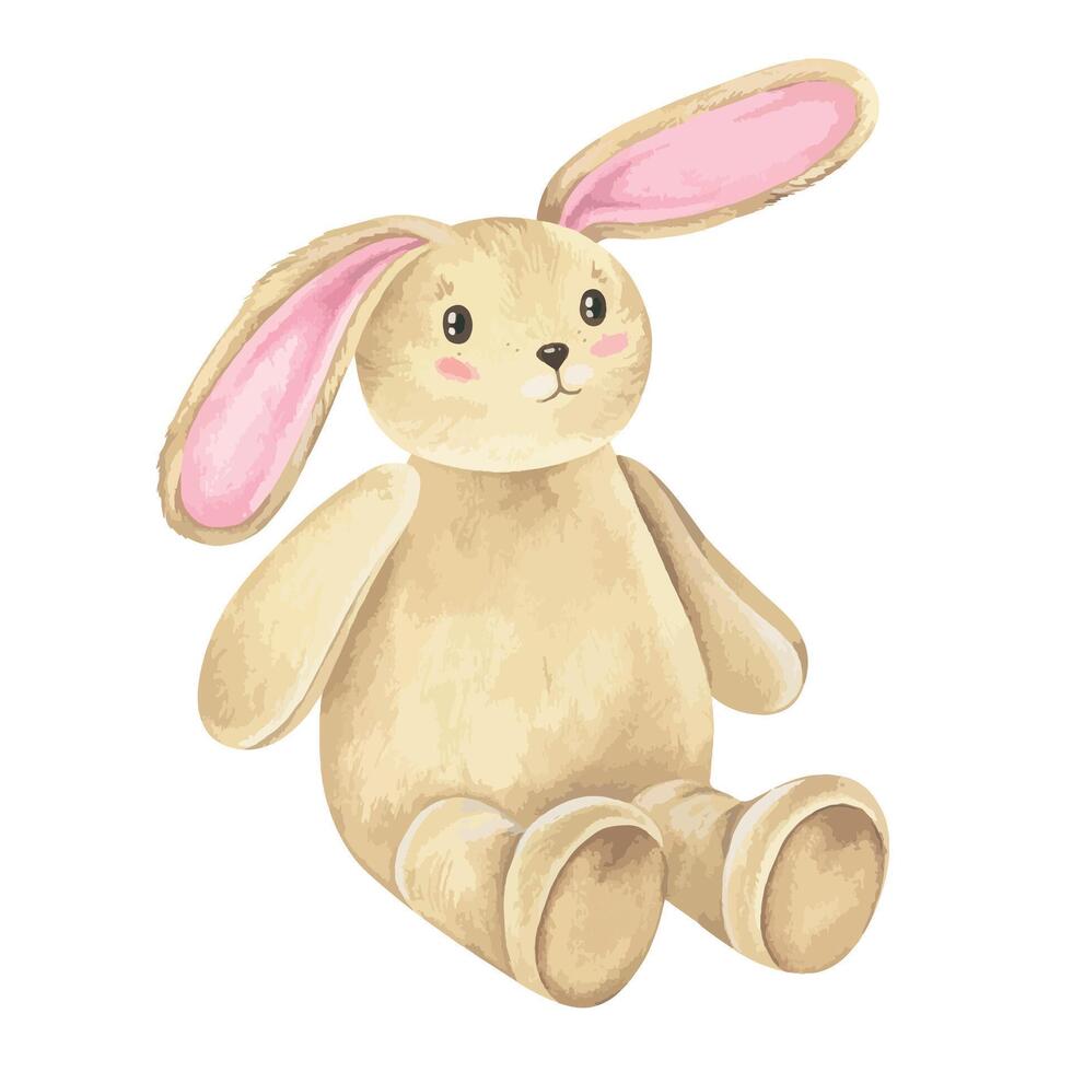 Bunny baby toy Vector illustration. Hand drawn graphic clip art on white isolated background. Watercolor drawing of cute rabbit. Sketch of cartoon hare. Plush animal for a child