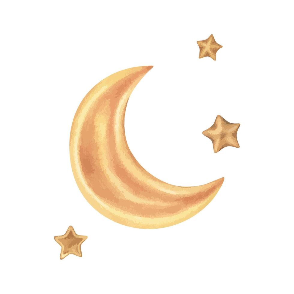 Golden moon and star set Vector illustration.