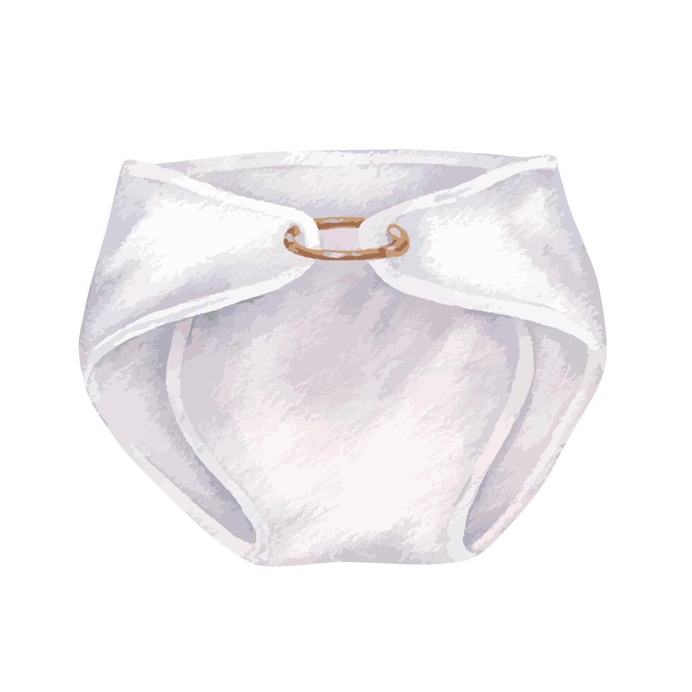 Baby Diaper vector illustration. Hand drawn graphic clip art of nappy on isolated background. Watercolor drawing of white panty with pin. Sketch of gender neutral children's clothing