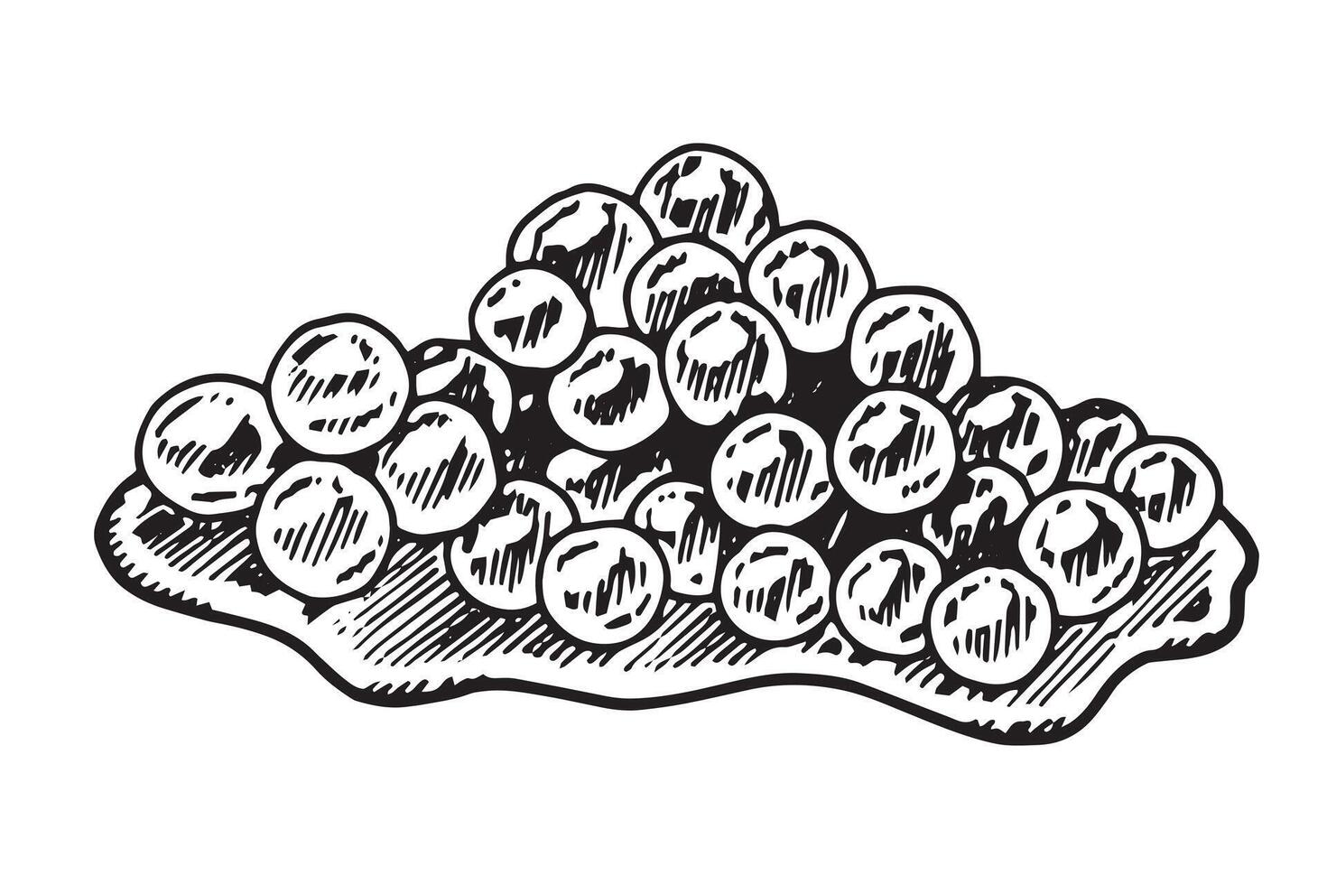 Tapioca balls for Bubble tea. Vector illustration of boba pearls. Hand drawn clipart on white isolated background. Blueberry jam linear drawing. Outline sketch of syrup for the drink. Black line art