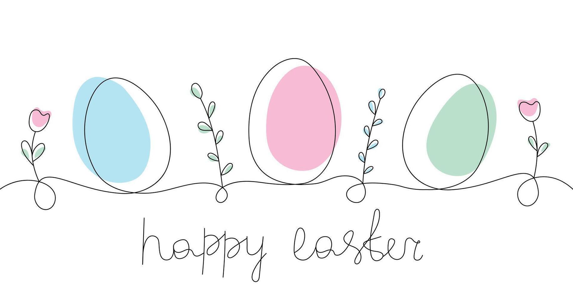 Easter greeting card with eggs and flowers. Line art. Vector illustration