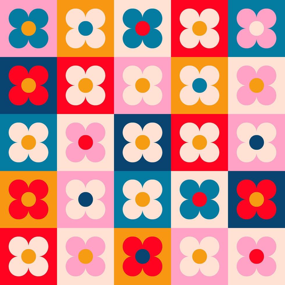 Seamless retro pattern with pink flowers, 60s, hippy, retro style, vintage colors vector