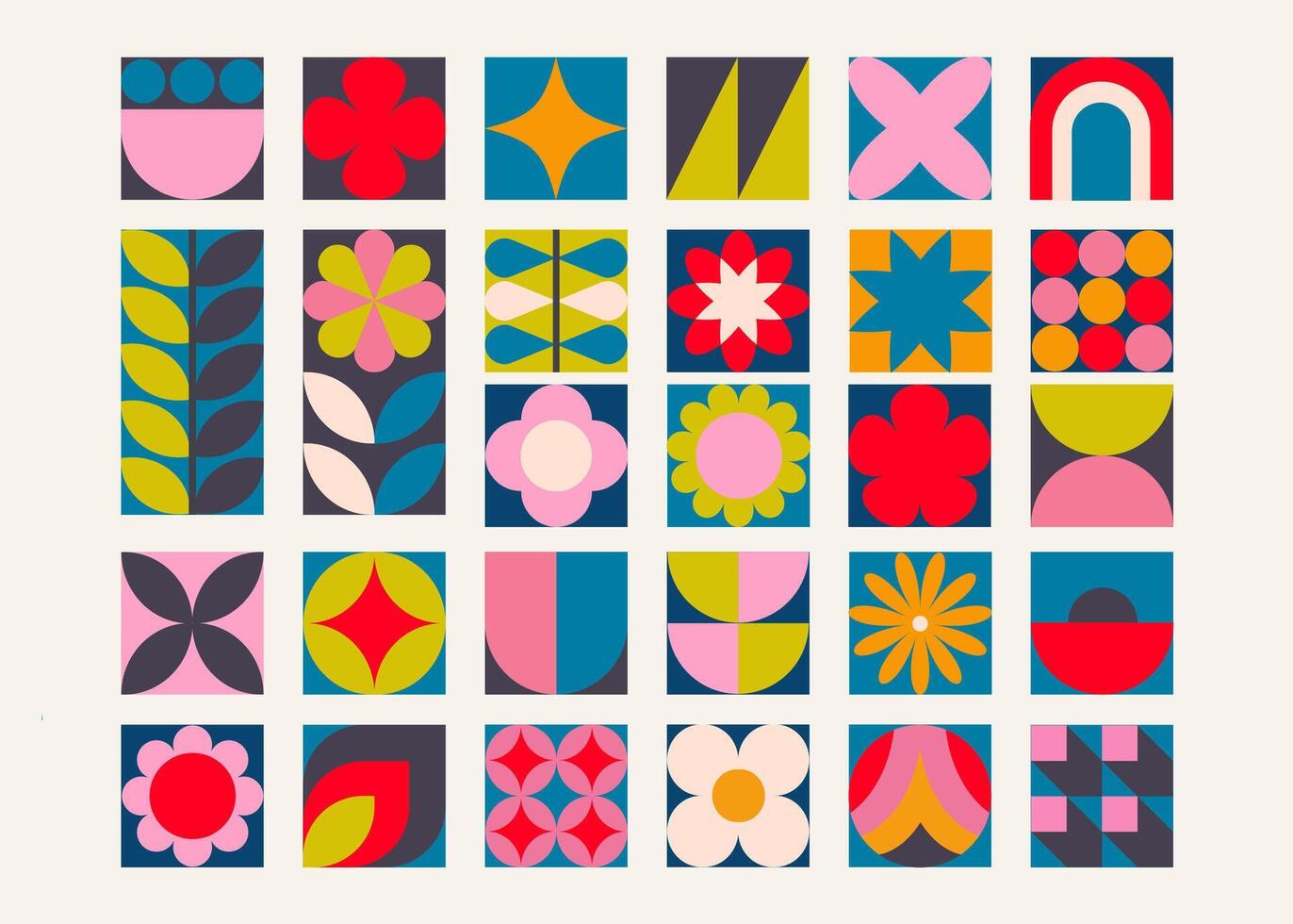 Set of colorful retro geometric elements, Trendy abstract minimalist figures, stars, flowers, circles. Modern design elements vector