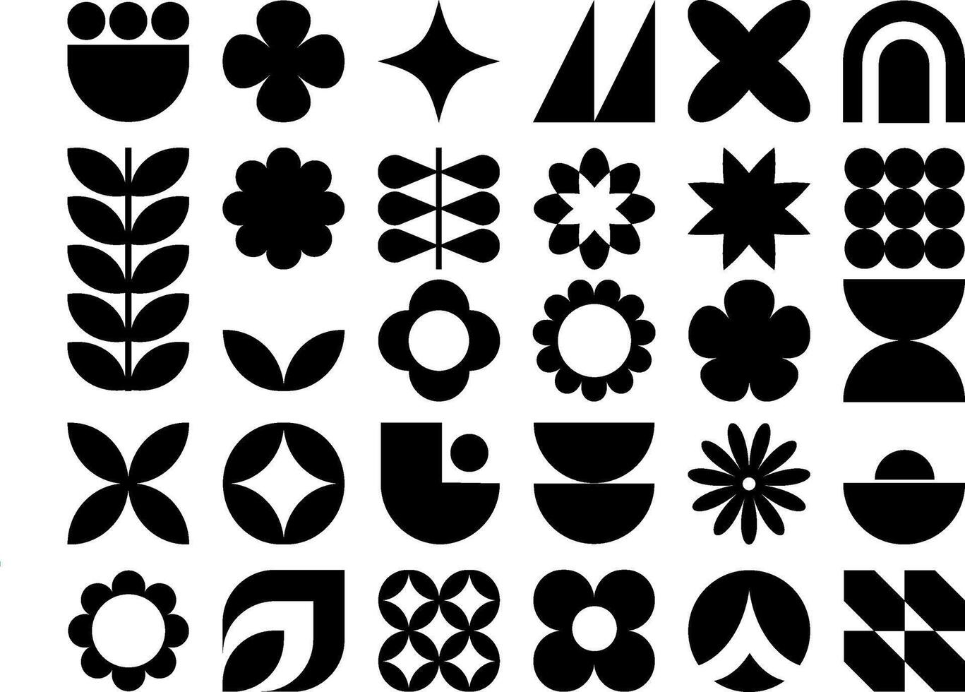 Vector set of black brutalist bauhaus geometric shapes. Trendy abstract minimalist figures, stars, flowers, circles. Modern design elements