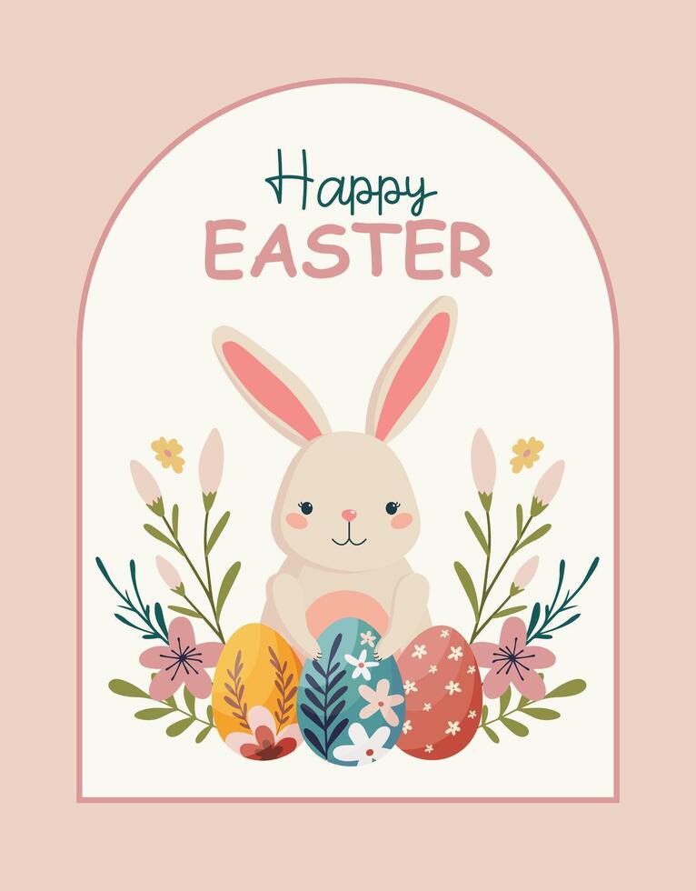 Easter card with cute hand drawn flat easter bunny vector