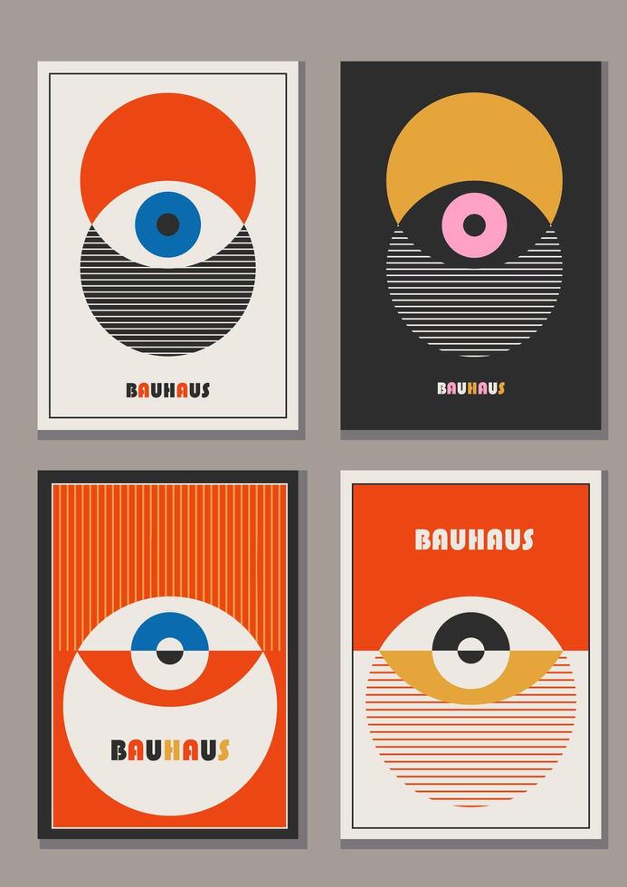 Geometric retro posters with eyes. Bauhaus design cover templates with abstract geometry, Retro colors vector