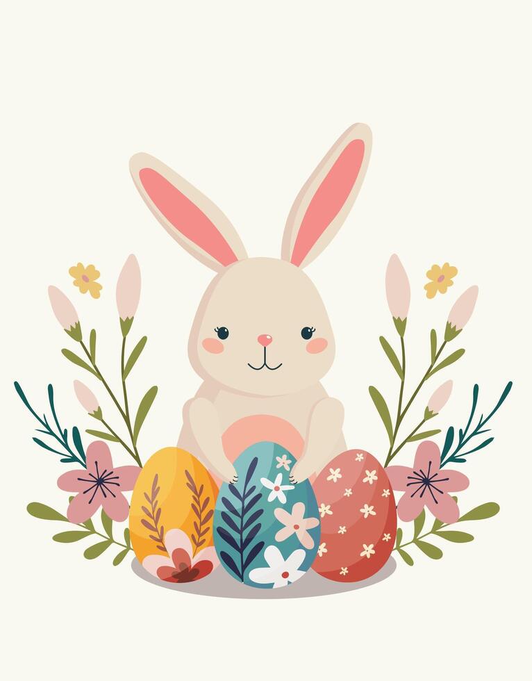 Cute hand drawn flat easter bunny with easter eggs and flowers vector