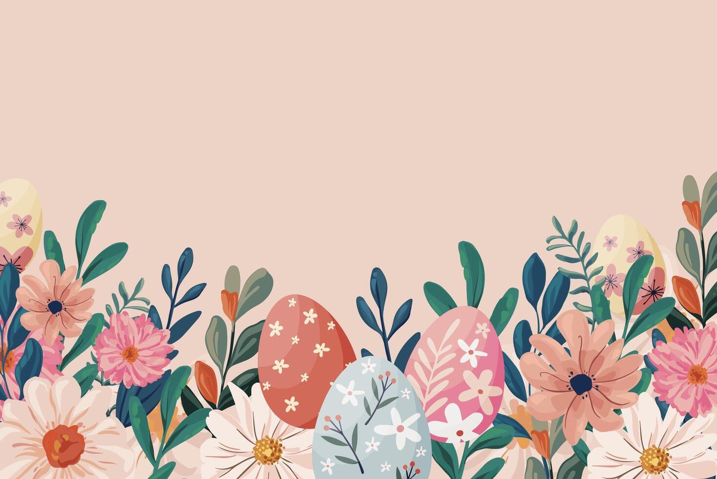 Hand drawn flat easter background with easter eggs and flowers vector