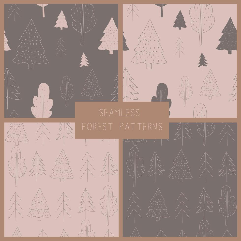 set of vector seamless pattern with hand drawn trees