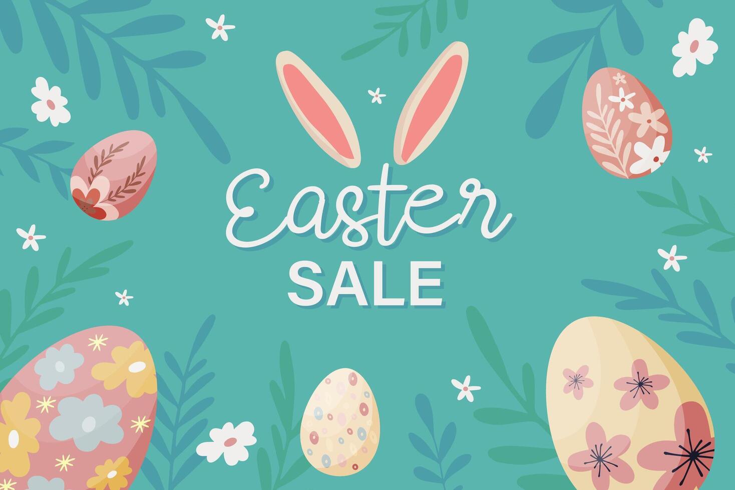 Hand drawn flat easter sale banner with easter eggs and flowers vector