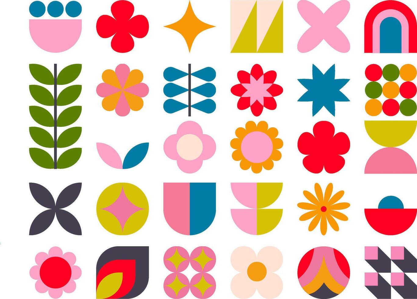 Set of colorful retro geometric elements, Trendy abstract minimalist figures, stars, flowers, circles. Vintage design shapes vector