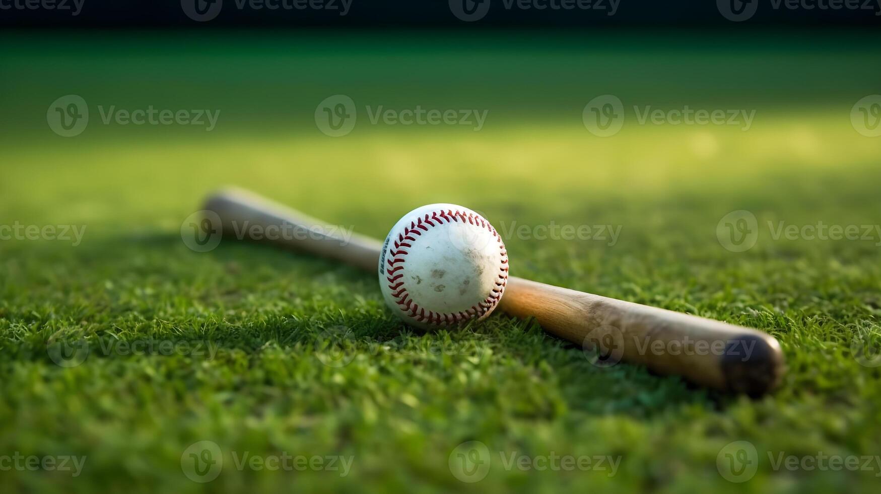 AI generated baseball and bat on grass field photo
